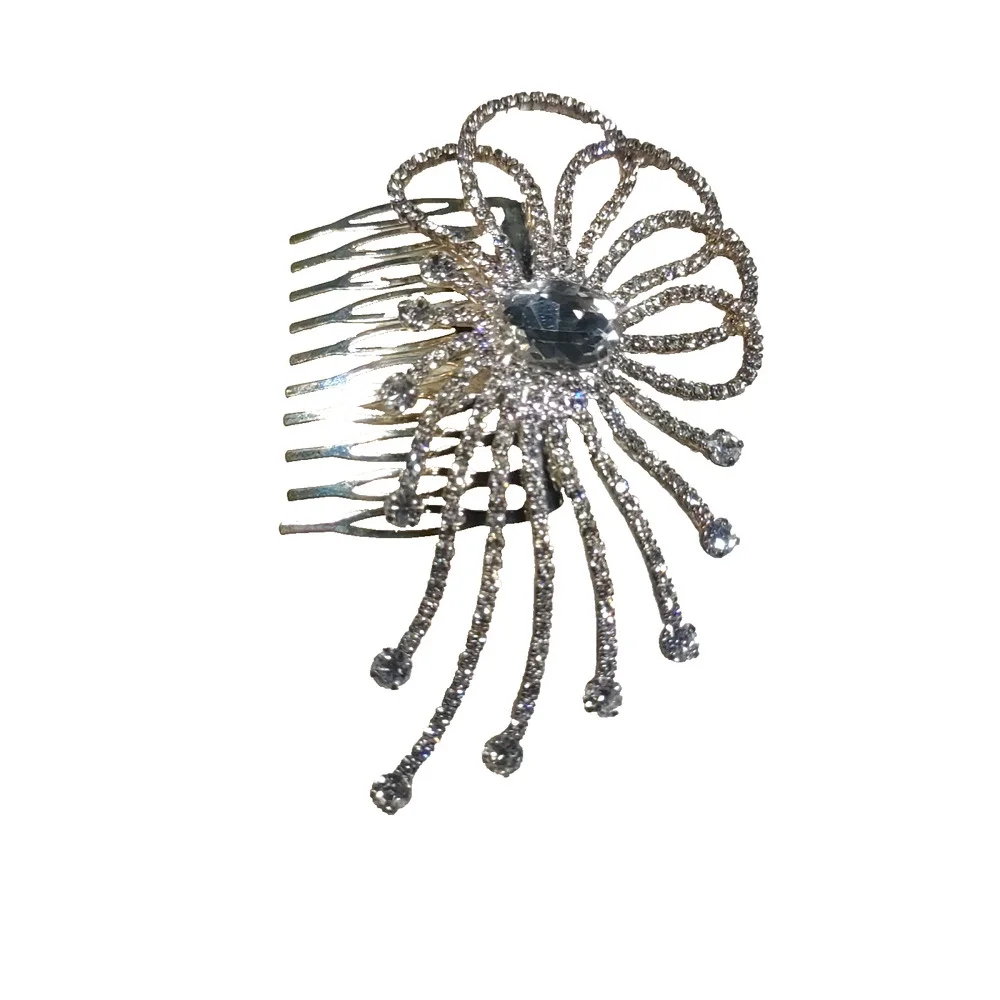 Elegant Large Hair Barrette Comb Silver Tone Rhinestone Wedding Prom
